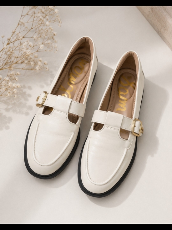 Sam Edelman Shoes - Sam Edelman Elaina Mary Jane Loafers Cream Leather T-Strap Gold Buckle Women's 8